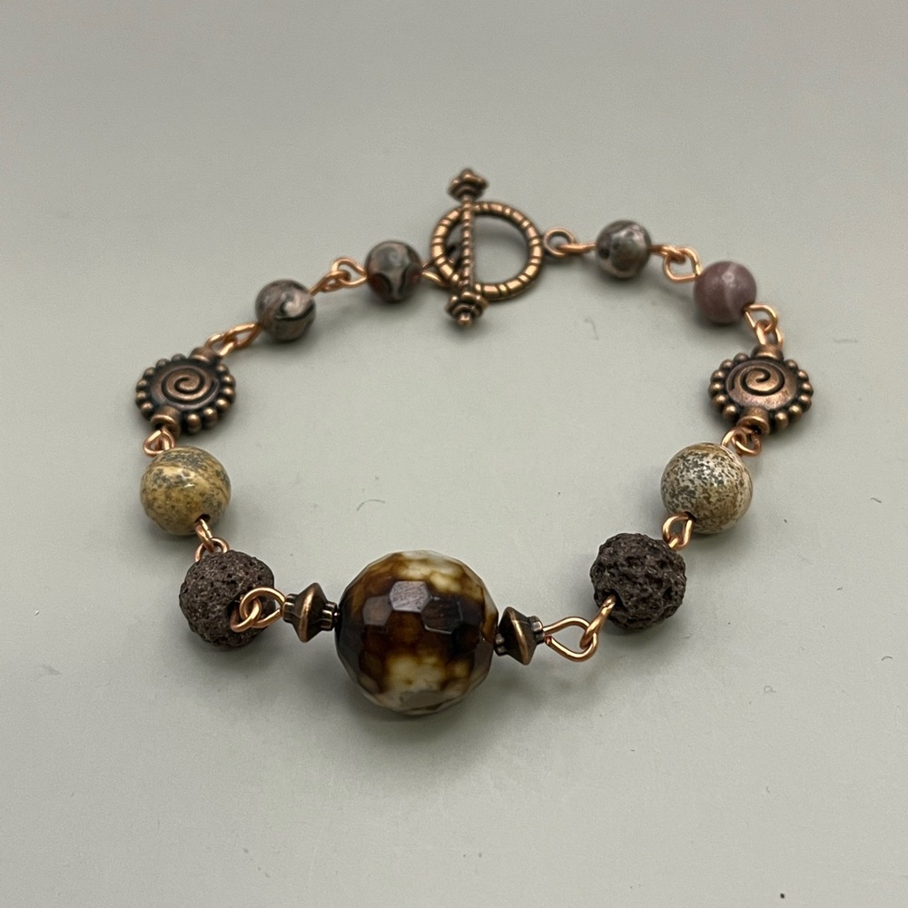 Warm Earth Tone Essential Oil Beaded Bracelet with Copper Accents - Picture 2 of 3